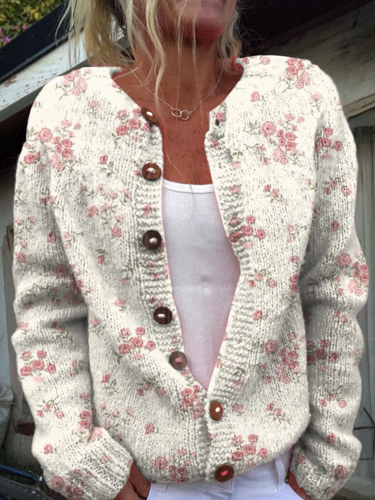 Chaqueta de Punto Estampada Mujer Botones Floral