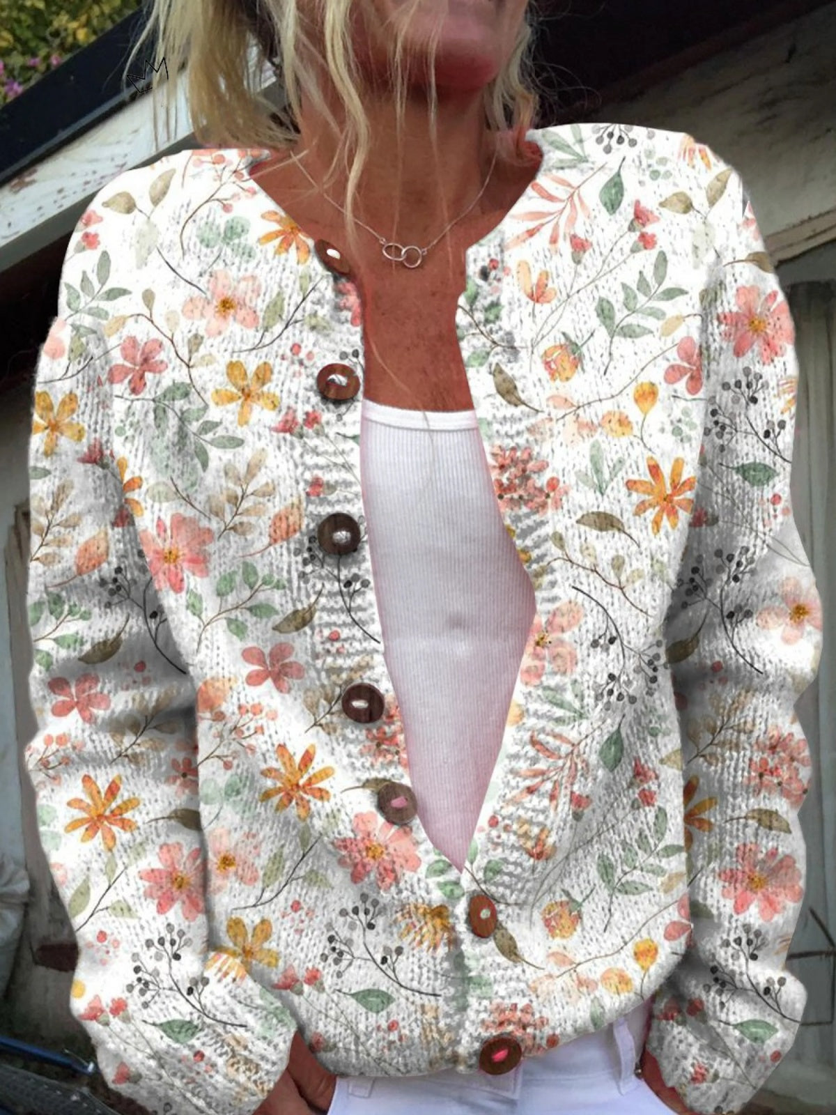 Chaqueta de Punto Estampada Mujer Botones Floral