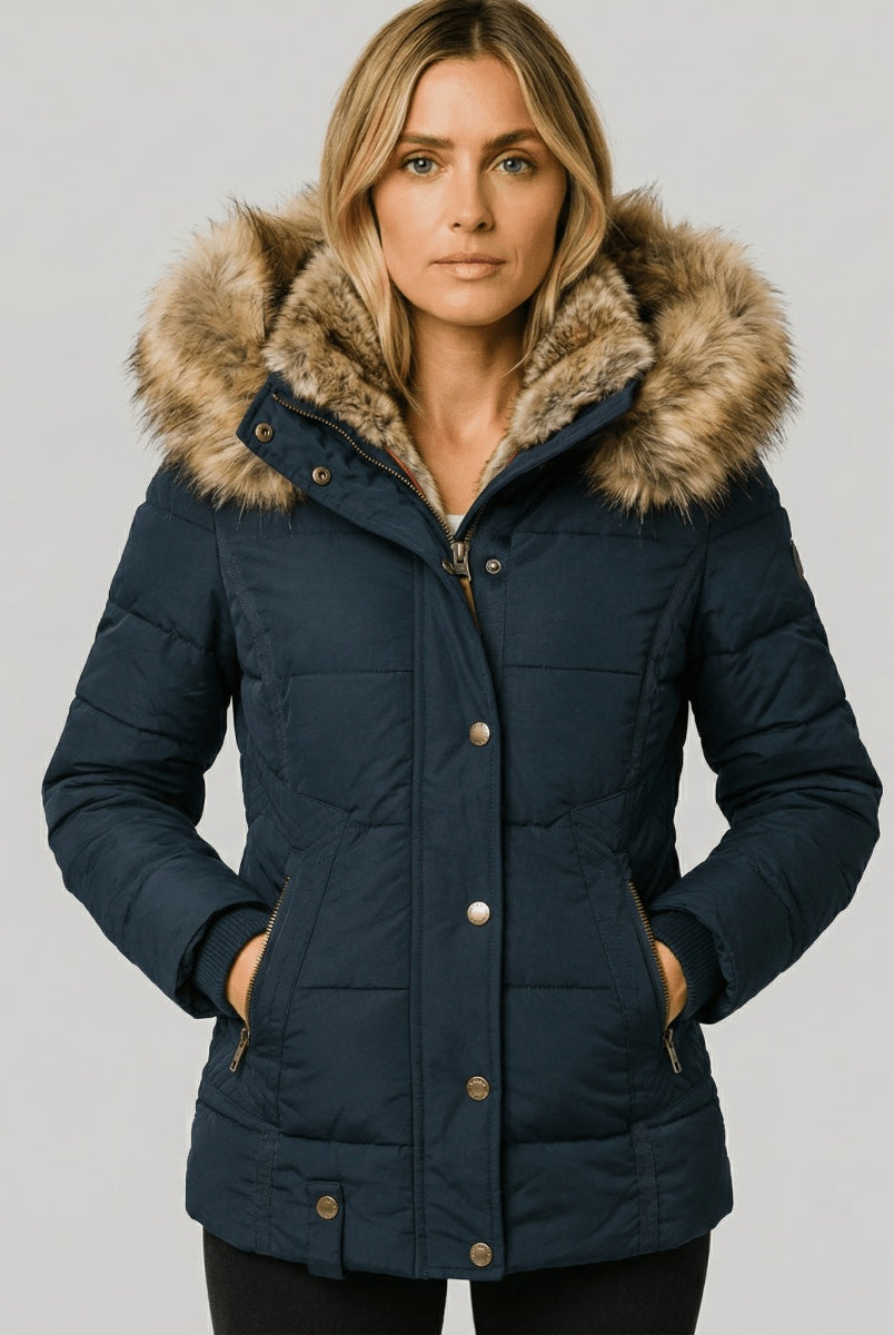 Chaquetón Acolchado con Capucha de Pelo Mujer Slim Fit