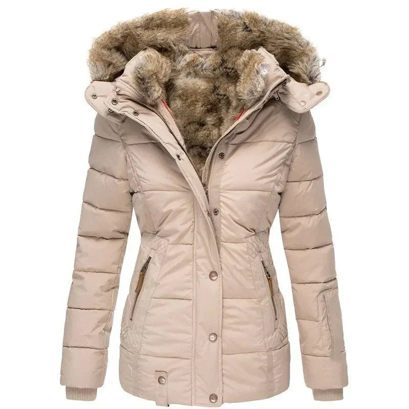 Chaquetón Acolchado con Capucha de Pelo Mujer Slim Fit