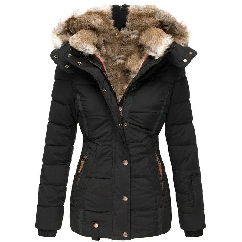 Chaquetón Acolchado con Capucha de Pelo Mujer Slim Fit