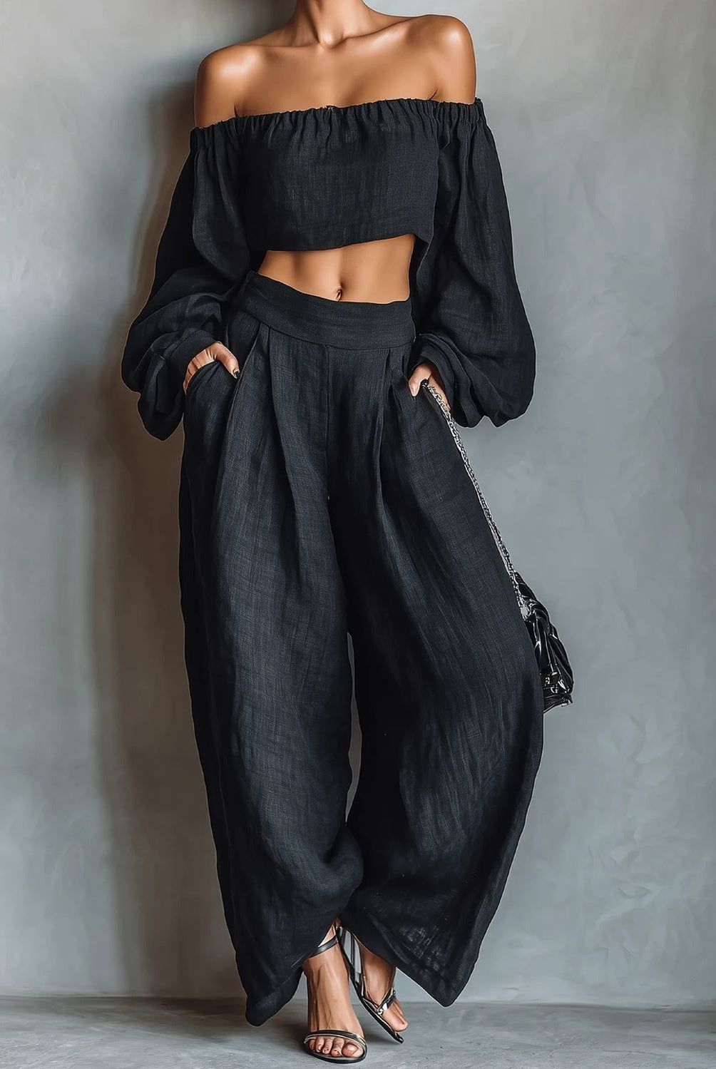 Claudia | Conjunto de Top Hombros Descubiertos y Pantalón Palazzo Mujer