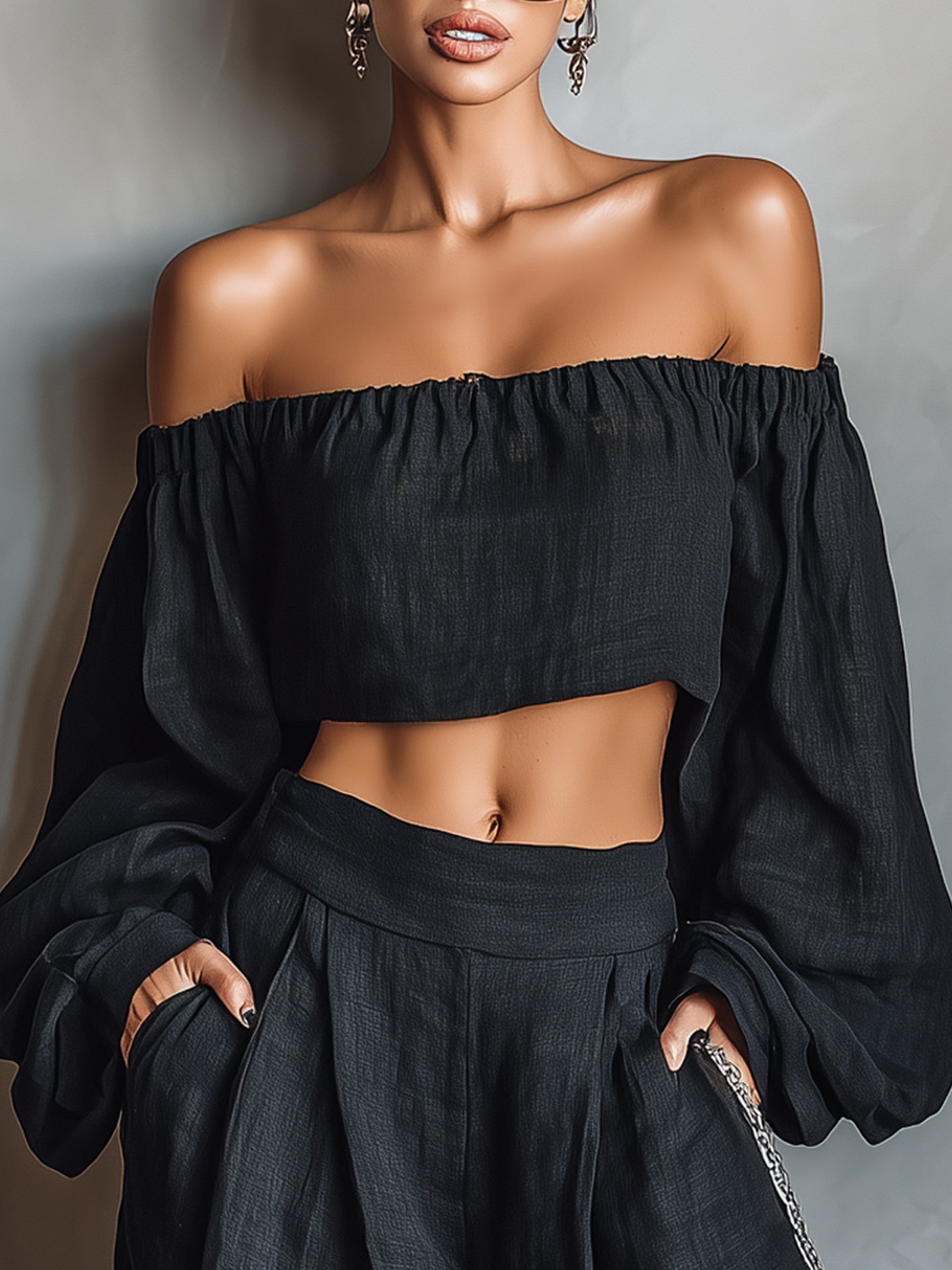 Claudia | Conjunto de Top Hombros Descubiertos y Pantalón Palazzo Mujer