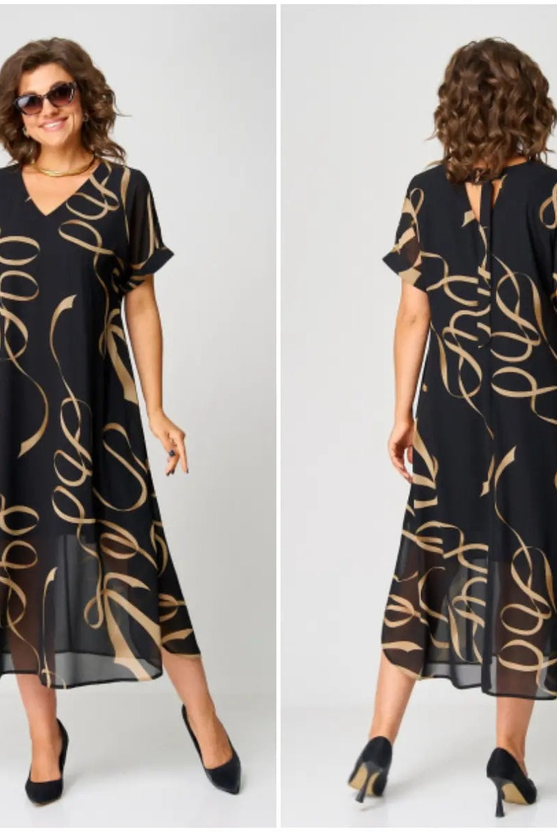 Concha | Vestido Midi Elegante Estampado Mujer Escote V Manga Corta
