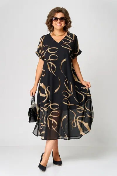 Concha | Vestido Midi Elegante Estampado Mujer Escote V Manga Corta
