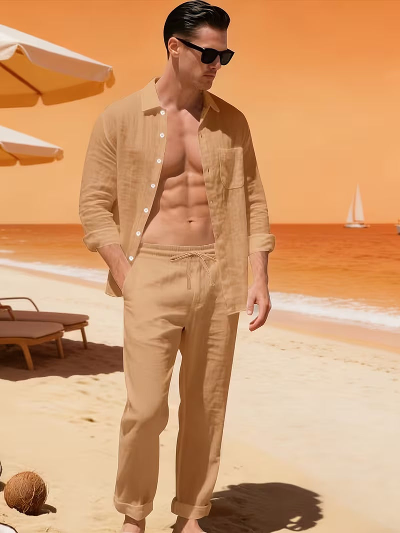 Conjunto de Lino de Manga Larga Hombre Cordón Ajustable