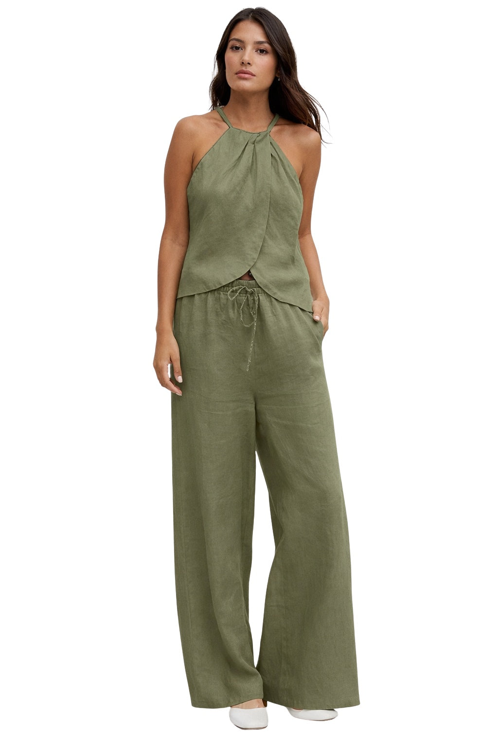 Conjunto Top Halter y Pantalón Palazzo Mujer Cintura Ajustable