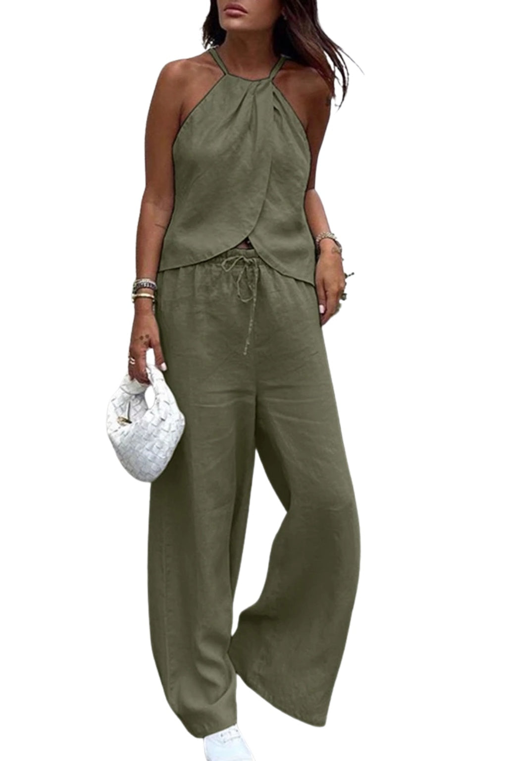 Conjunto Top Halter y Pantalón Palazzo Mujer Cintura Ajustable
