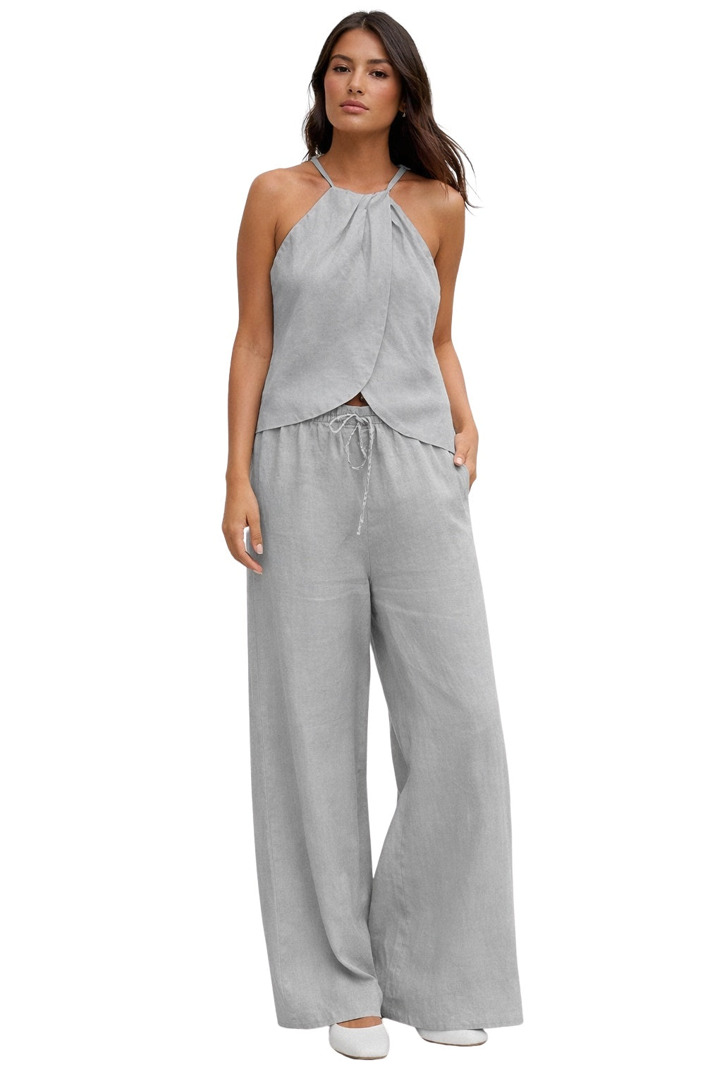 Conjunto Top Halter y Pantalón Palazzo Mujer Cintura Ajustable