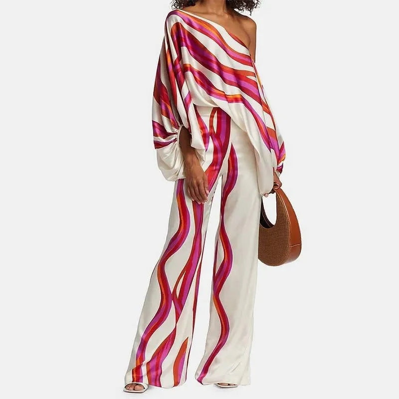 Conjunto Top Hombros Descubiertos y Pantalón Palazzo Mujer Estampado