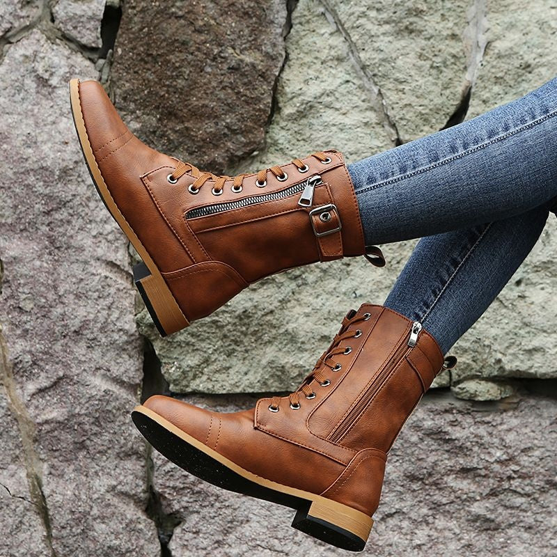 Consuelo | Botas Militares Planas Mujer con Cordones y Cremallera Lateral