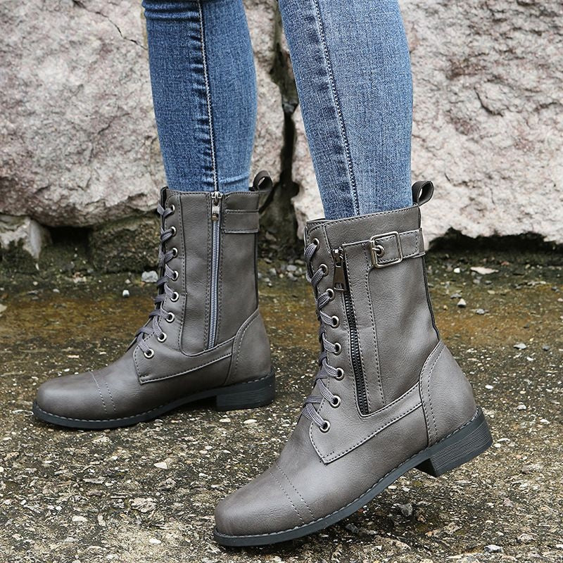 Consuelo | Botas Militares Planas Mujer con Cordones y Cremallera Lateral