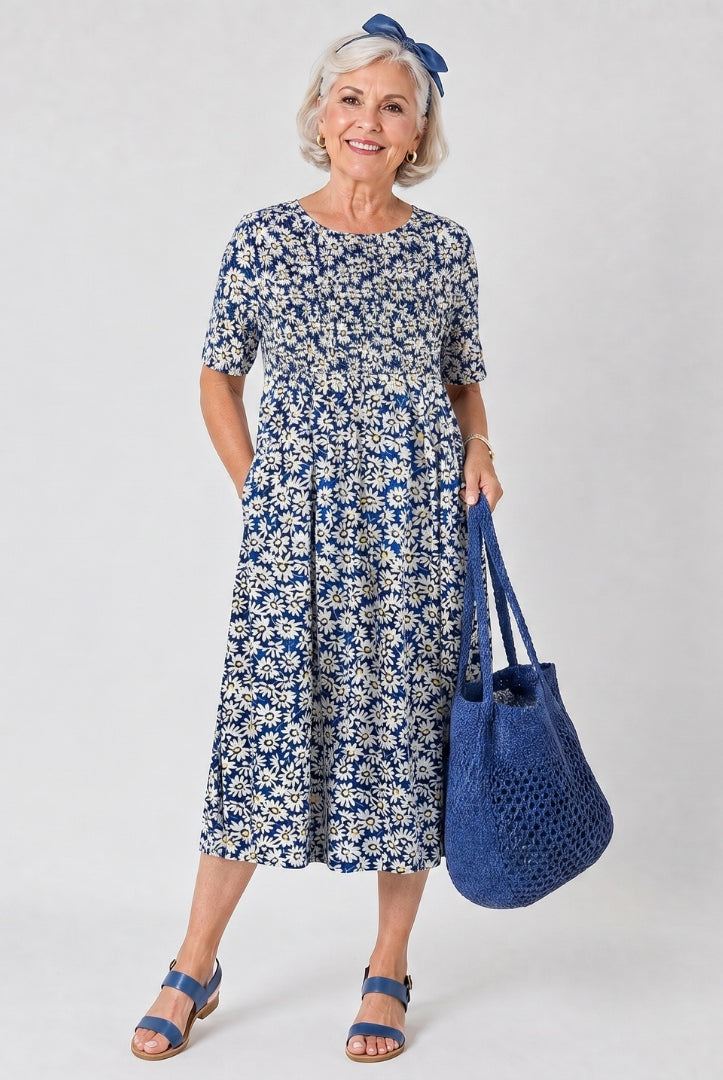 Consuelo | Vestido Floral Midi con Bolsillos Mujer Manga Corta