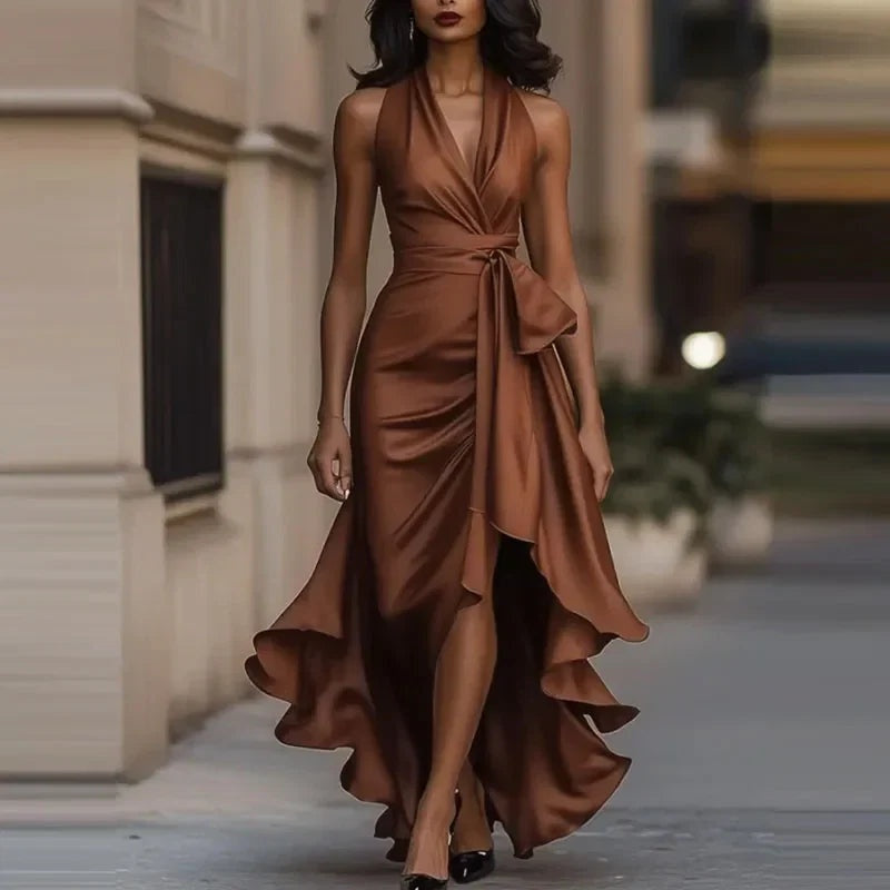 Covadonga | Vestido de Fiesta Largo Halter Mujer Lazo Cintura Abertura