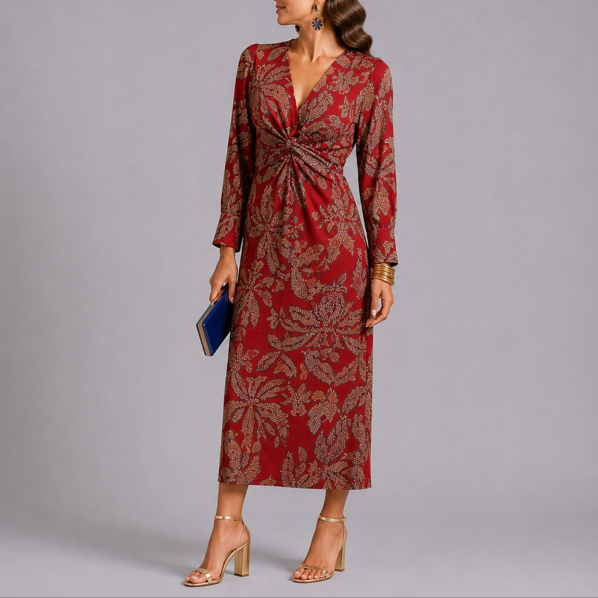 Covadonga | Vestido Midi Invitada Invierno Mujer Manga Larga Estampado