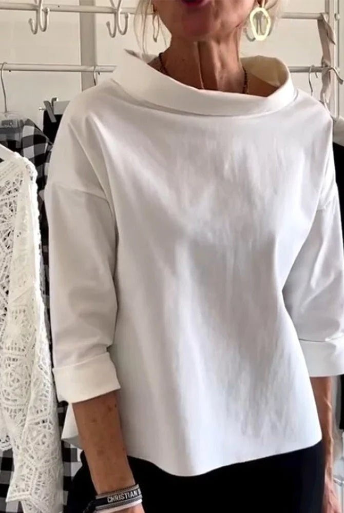 Cristina | Camisa Blanca Mujer Cuello Barco Manga 3/4 Hombros Caídos
