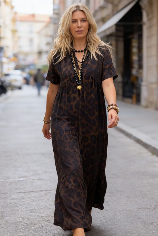 Cristina | Vestido Largo Estampado Animal Print Mujer Manga Corta Escote V