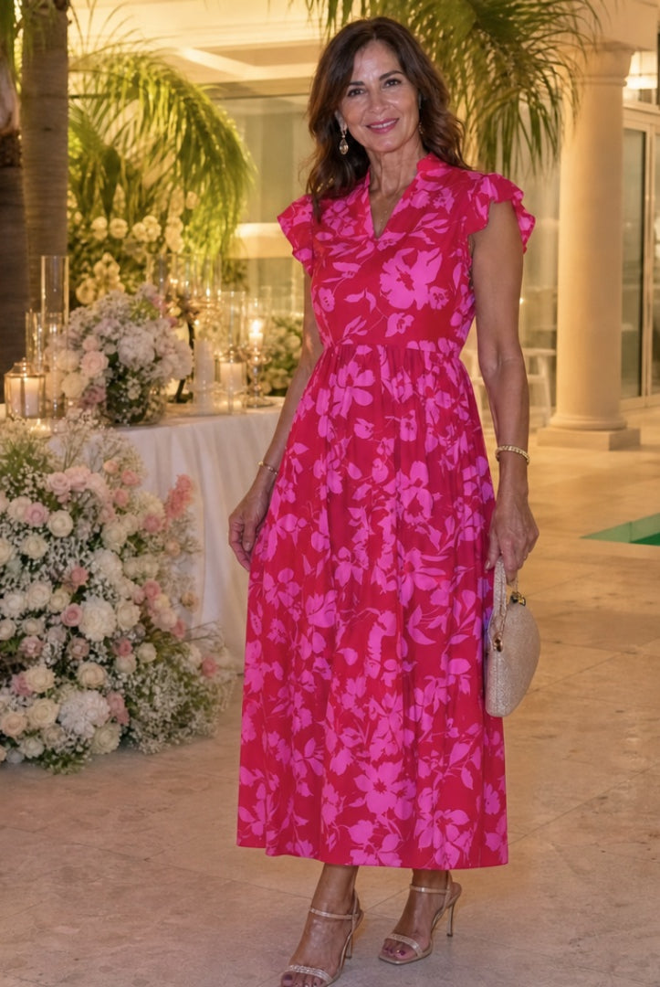 Daniela | Vestido Midi Floral con Volantes Mujer Escote V Cintura Definida