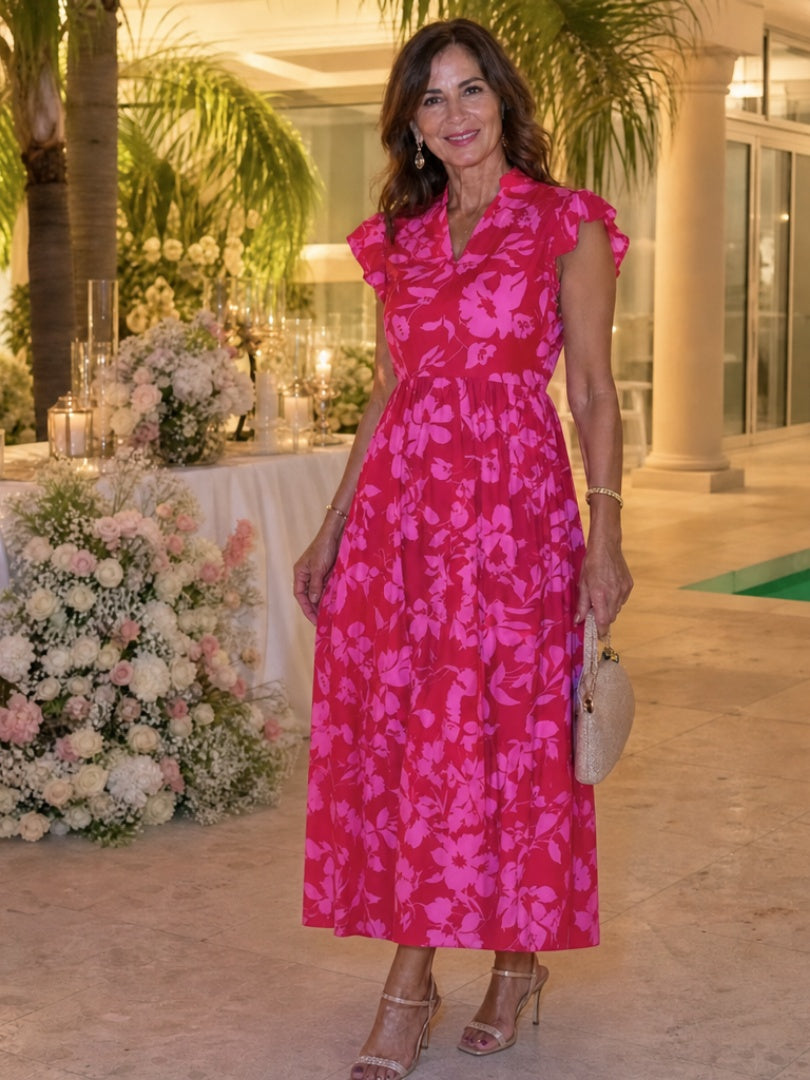 Daniela | Vestido Midi Floral con Volantes Mujer Escote V Cintura Definida