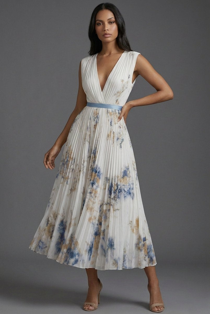 Daniela | Vestido Midi Plisado Estampado Floral Mujer Escote V Cinturón