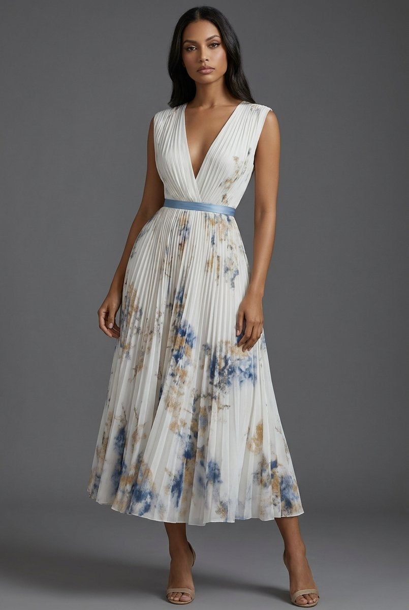 Daniela | Vestido Midi Plisado Estampado Floral Mujer Escote V Cinturón
