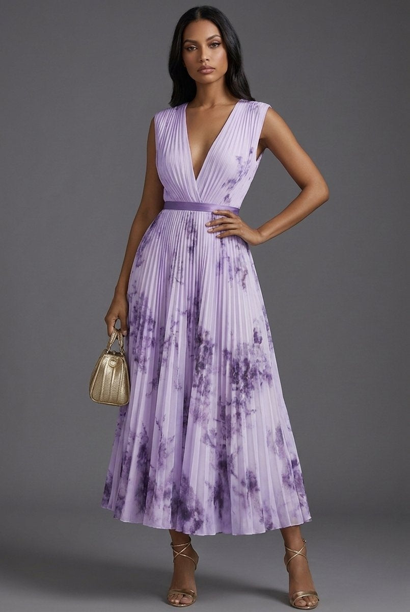 Daniela | Vestido Midi Plisado Estampado Floral Mujer Escote V Cinturón