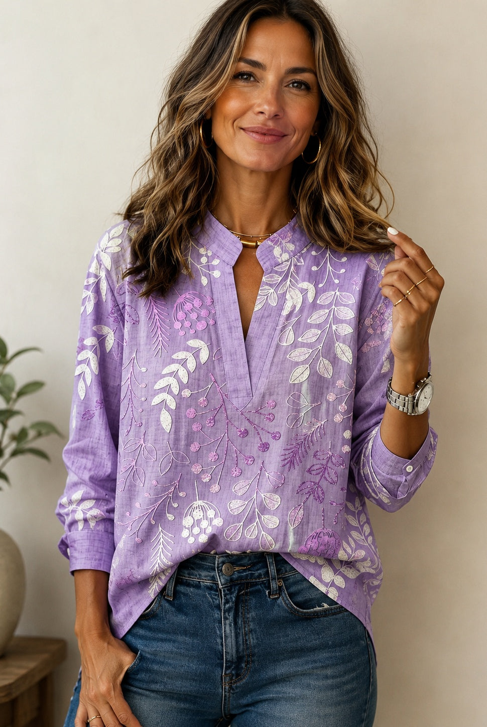 Delia | Blusa Estampada Floral de Manga Larga Mujer Escote V