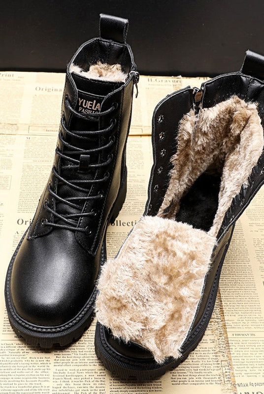 Delia | Botas Planas de Invierno Mujer Forro Borreguito con Cordones