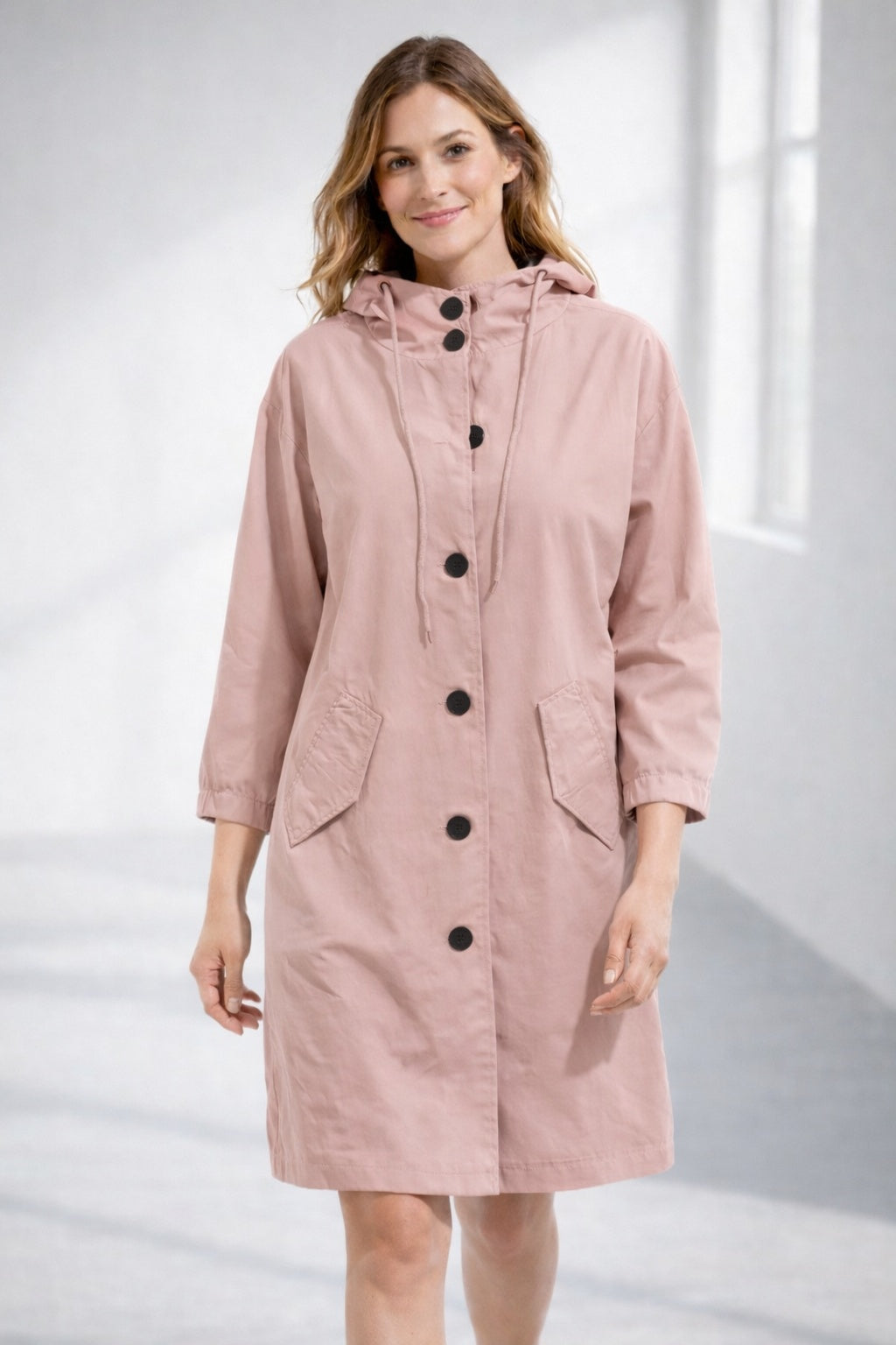 Delia | Chaqueta Larga con Capucha Mujer Botones Manga 3/4