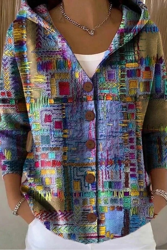 Delia | Chaqueta Larga Estampada con Capucha Mujer Botones