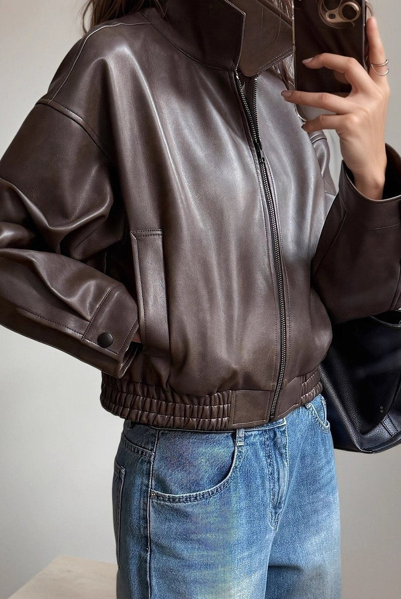 Delia | Chaqueta Motera de Piel Mujer Cintura Elástica Cremallera