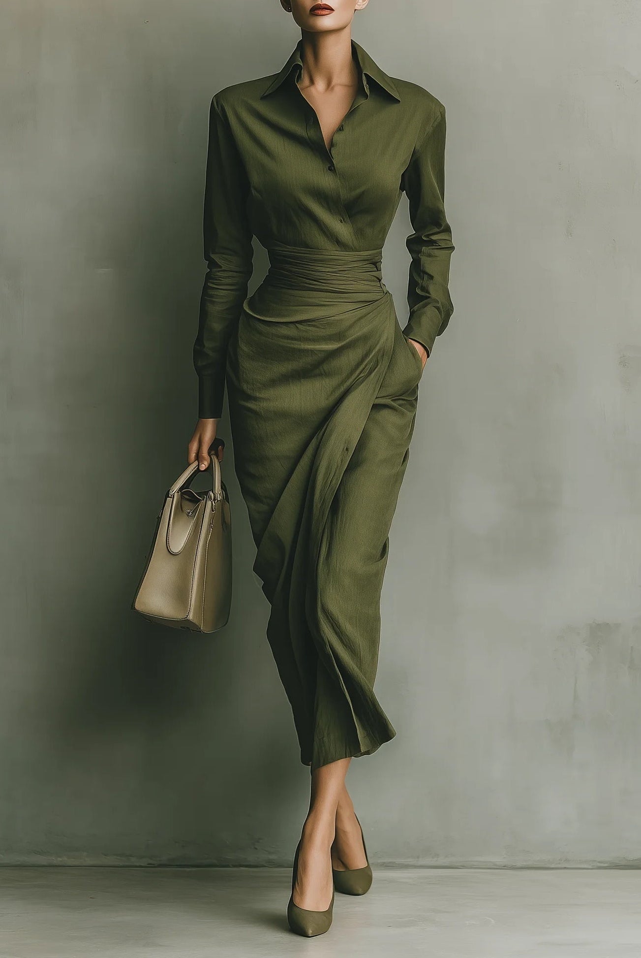 Delia | Vestido Camisero Drapeado Mujer Manga Larga Cintura