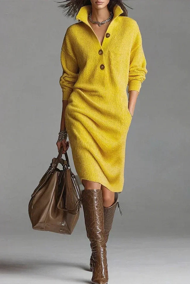 Delia | Vestido de Invierno de Punto Mujer Manga Larga Cuello Botonera