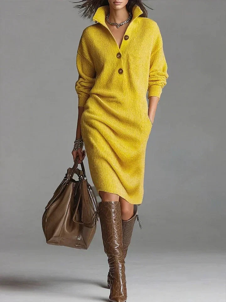 Delia | Vestido de Invierno de Punto Mujer Manga Larga Cuello Botonera