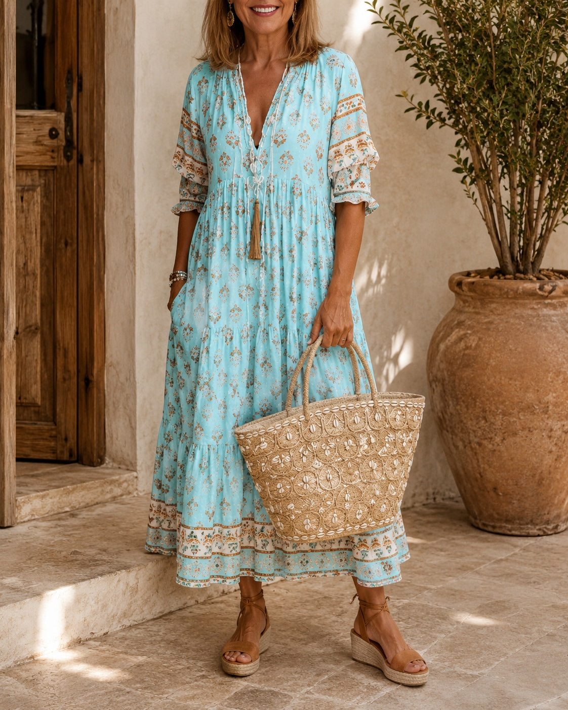 Delia | Vestido Largo Boho Estampado Mujer Escote V Manga Corta
