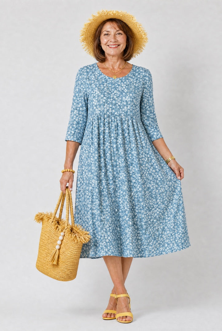Delia | Vestido Midi Floral Mujer Manga Tres Cuartos Cintura Fruncida