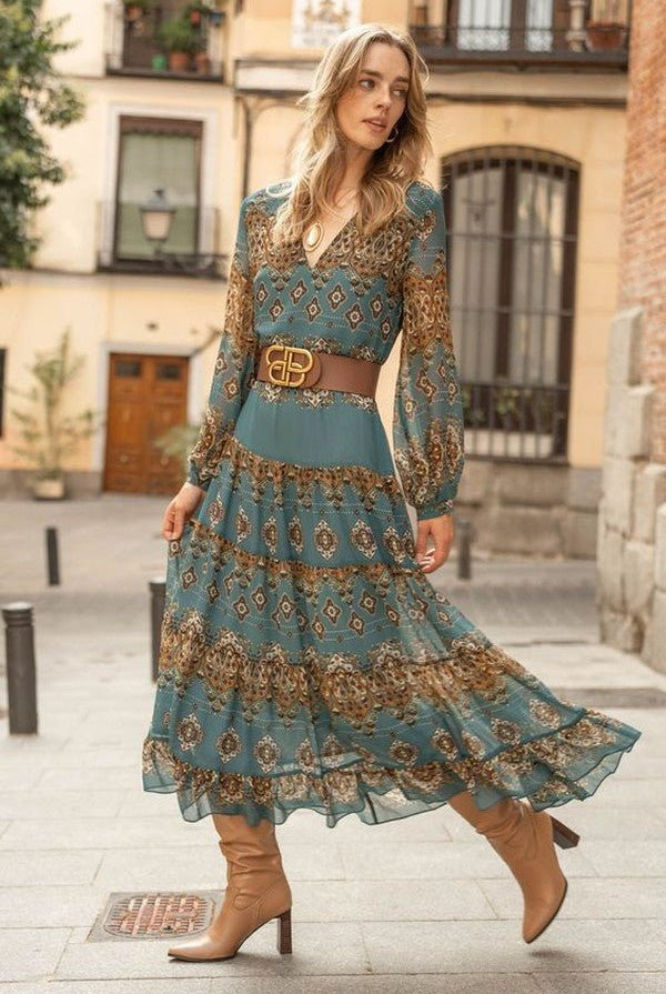 Dolores | Vestido Midi Boho Estampado Medallón Mujer Manga Larga