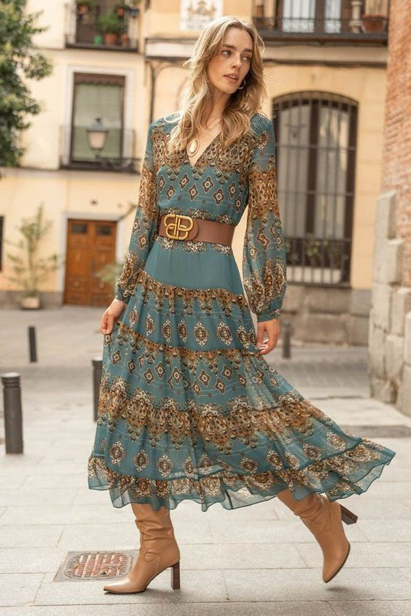 Dolores | Vestido Midi Boho Estampado Medallón Mujer Manga Larga