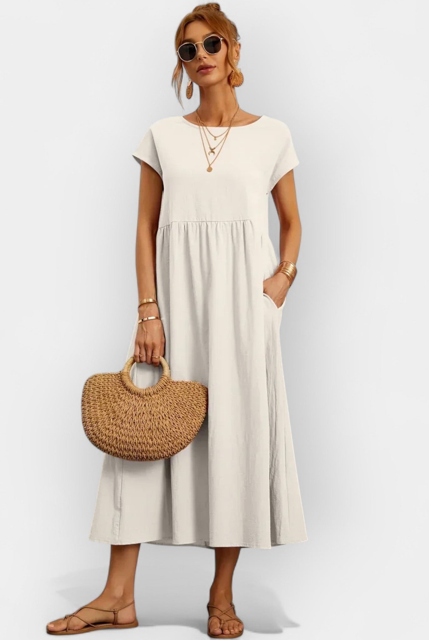 Dolores | Vestido Midi Casual con Bolsillos Mujer Manga Corta
