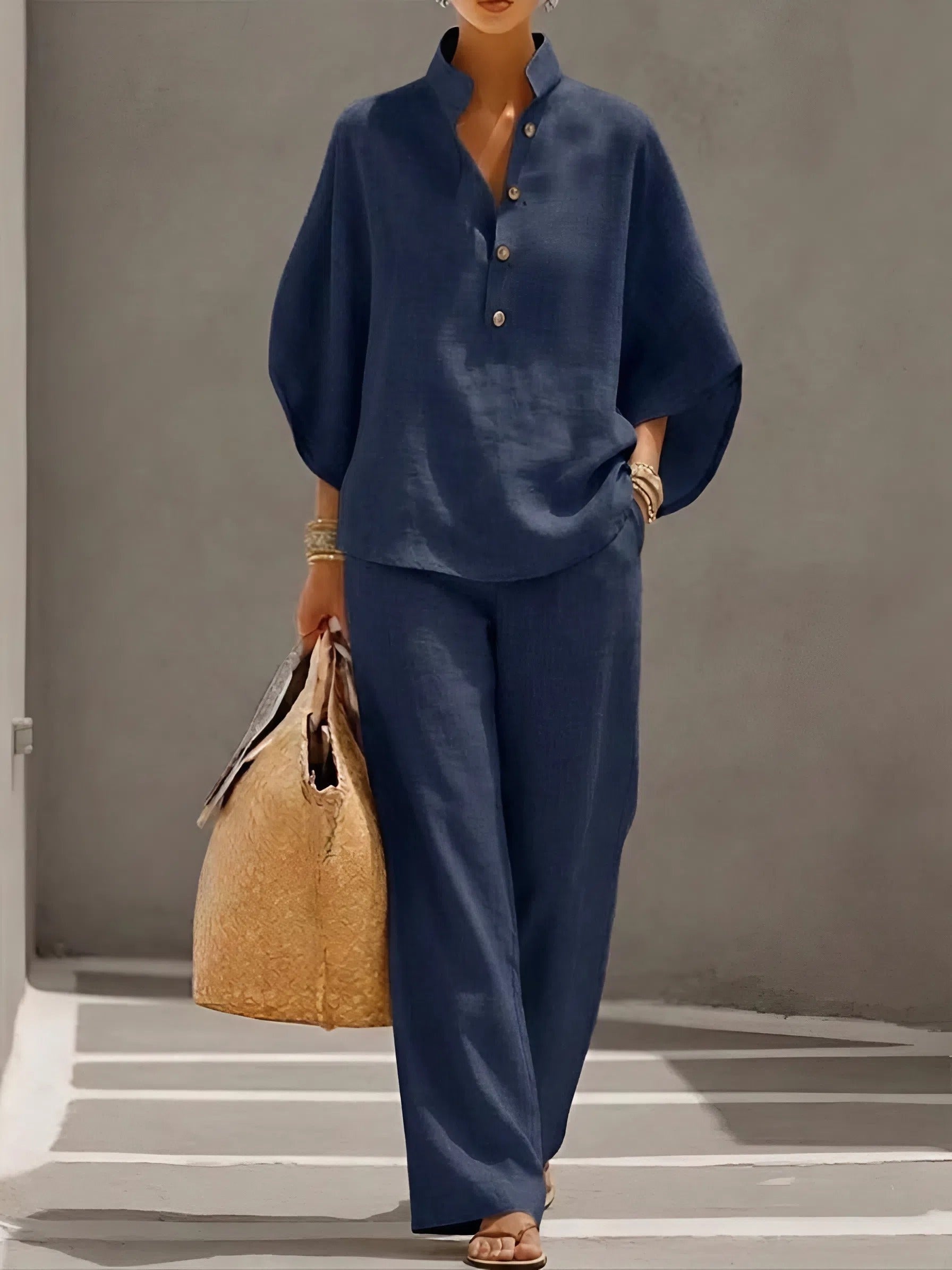 Elena | Conjunto de Lino Mujer Top Kimono Pantalón Pierna Ancha
