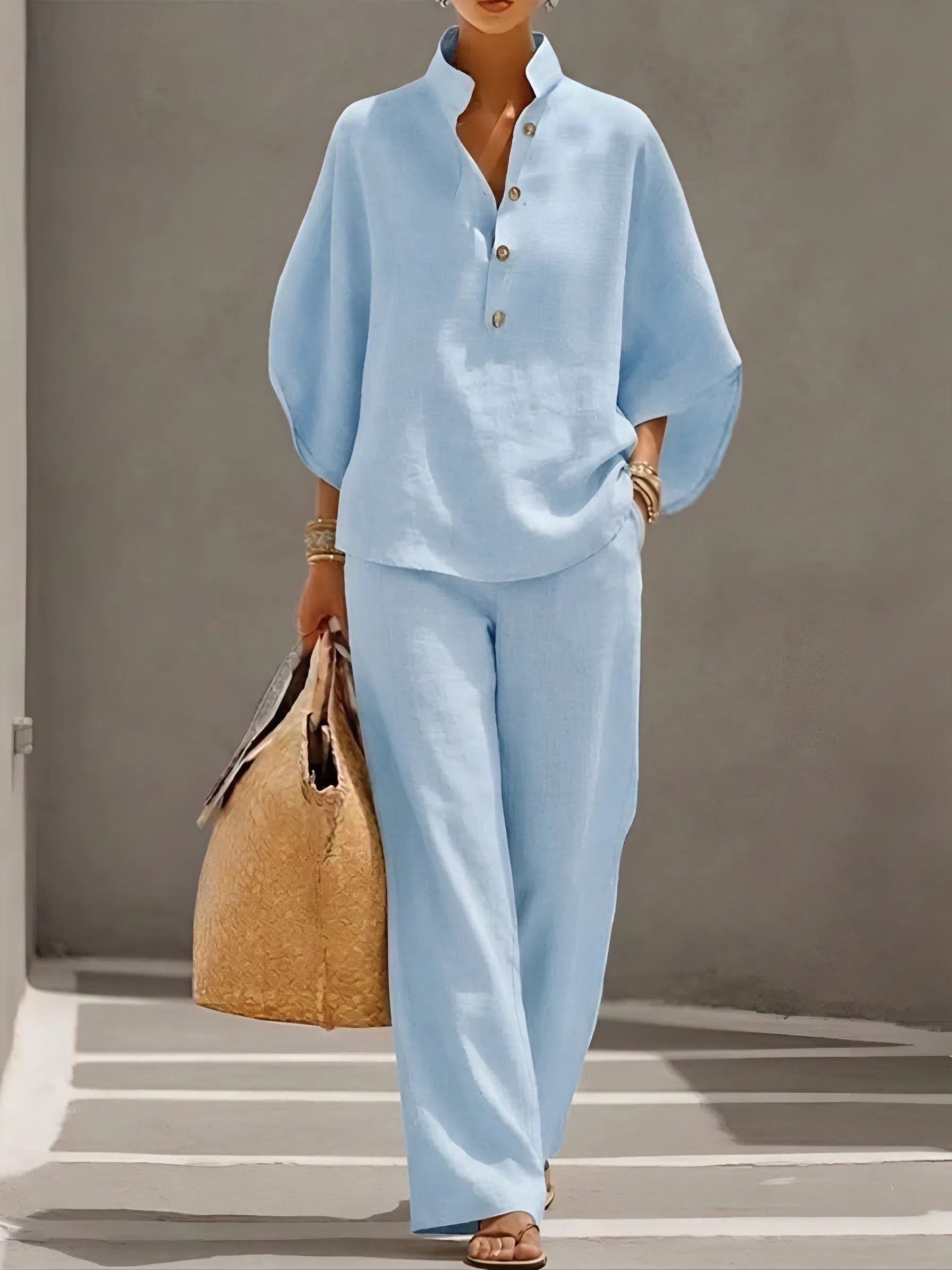 Elena | Conjunto de Lino Mujer Top Kimono Pantalón Pierna Ancha