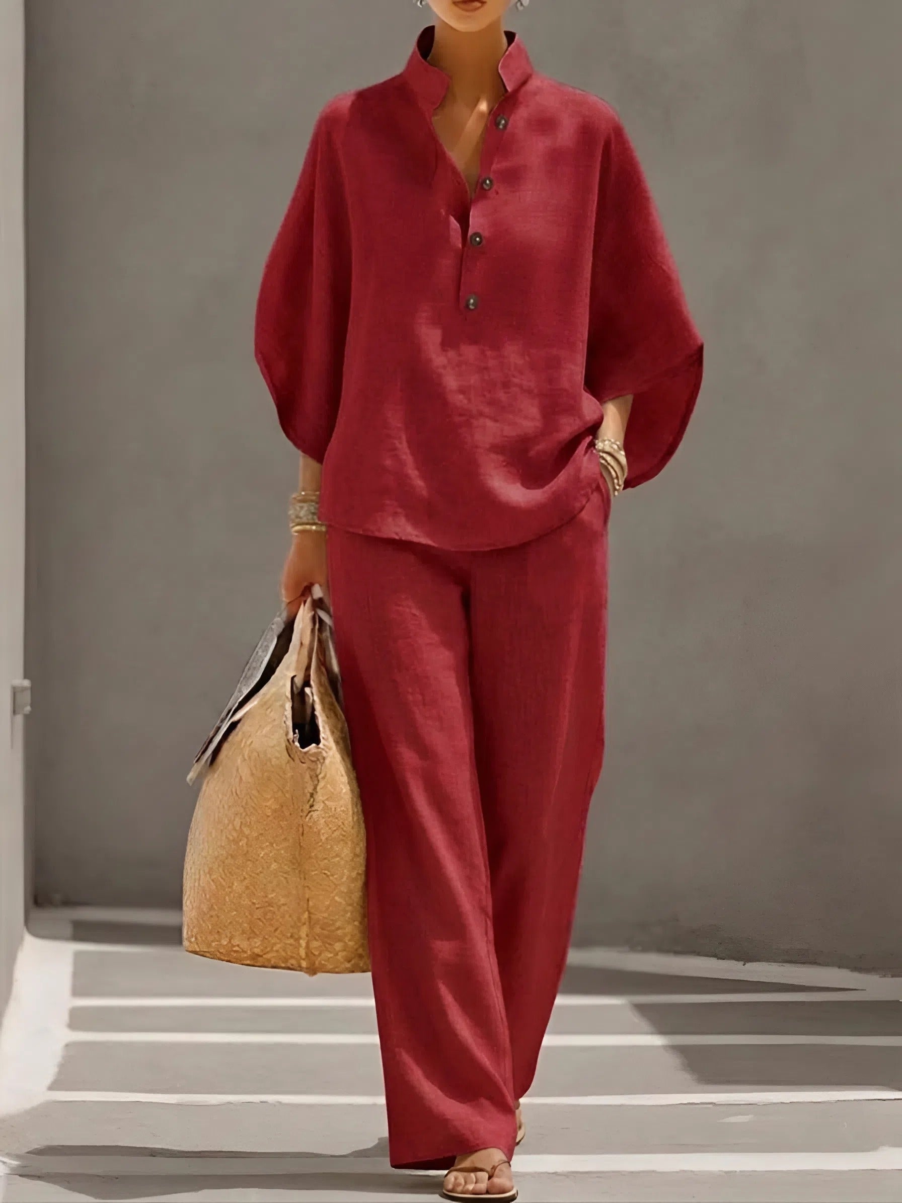 Elena | Conjunto de Lino Mujer Top Kimono Pantalón Pierna Ancha