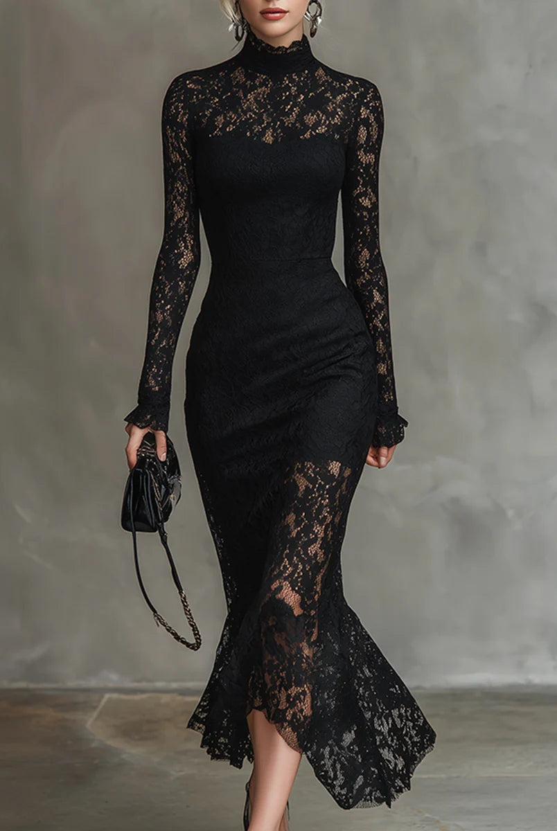 Elvira | Vestido de Encaje Manga Larga Invitada Invierno Mujer Cuello Alto