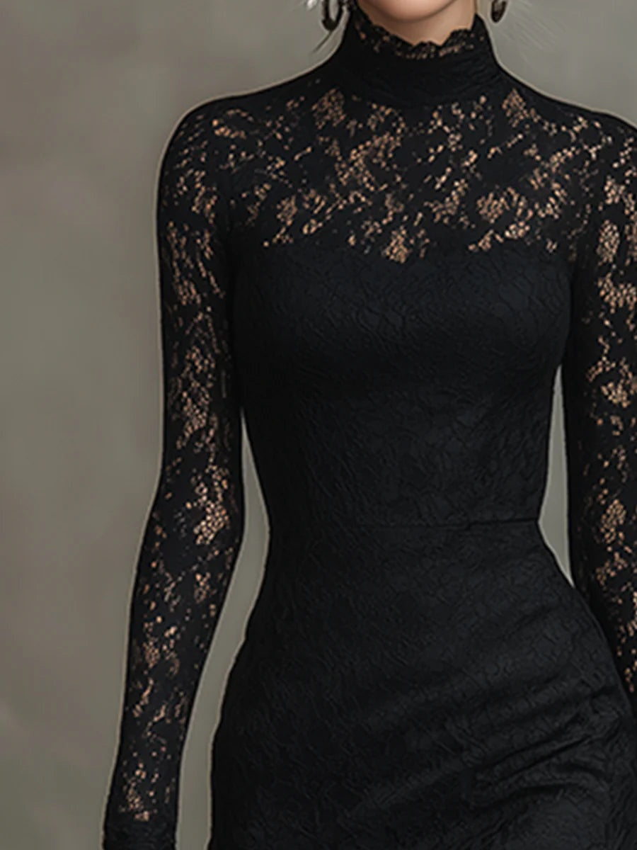 Elvira | Vestido de Encaje Manga Larga Invitada Invierno Mujer Cuello Alto