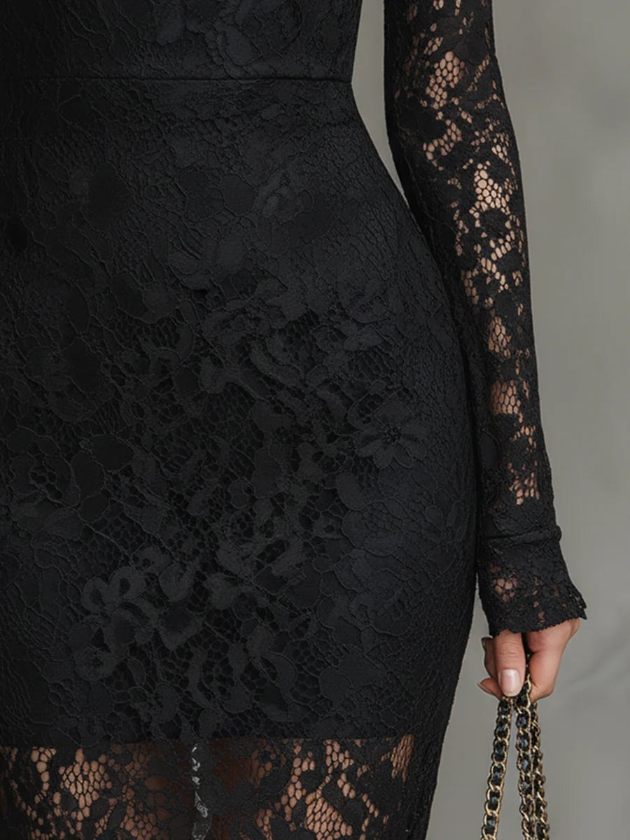 Elvira | Vestido de Encaje Manga Larga Invitada Invierno Mujer Cuello Alto