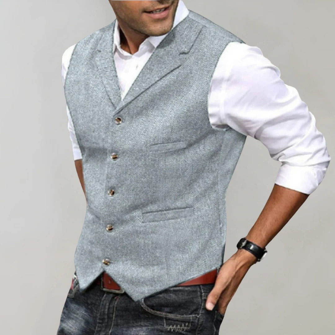 Emilio | Chaleco Tweed Hombre Espiga Botones Cuello Solapa