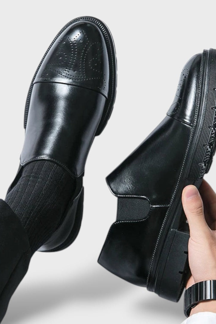 Ernesto | Mocasines Negros de Cuero Brogue Hombre Slip-On Suela Gruesa