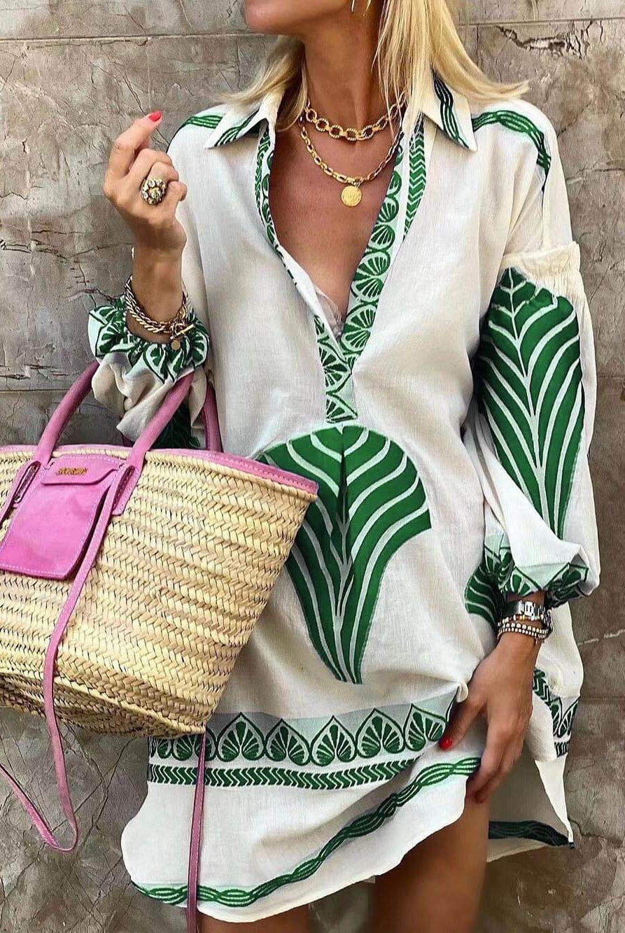 Esperanza | Vestido Corto de Manga Larga Estampado Boho Mujer Escote V