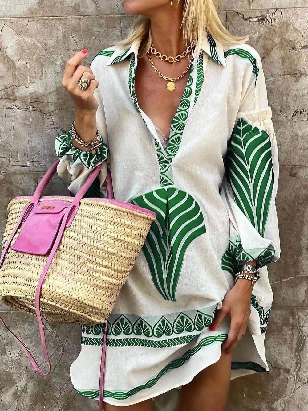 Esperanza | Vestido Corto de Manga Larga Estampado Boho Mujer Escote V