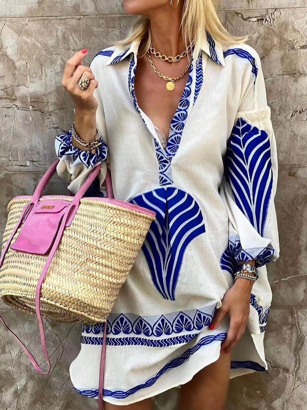 Esperanza | Vestido Corto de Manga Larga Estampado Boho Mujer Escote V